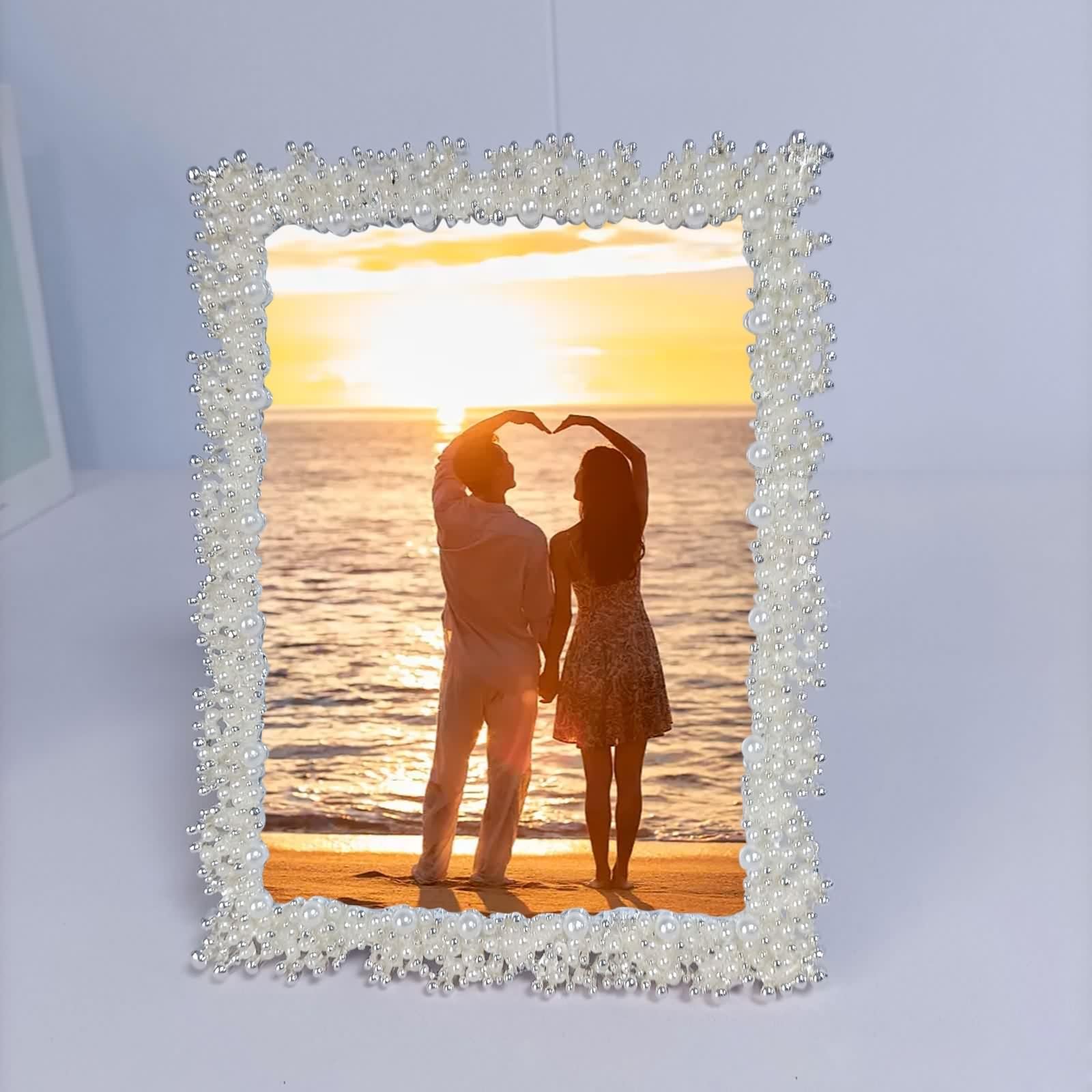 Bilderrahmen 10X15 Silber, Fotorahmen Hochzeit Rechteck mit Perlen Metall Vertikal für Tischplatte