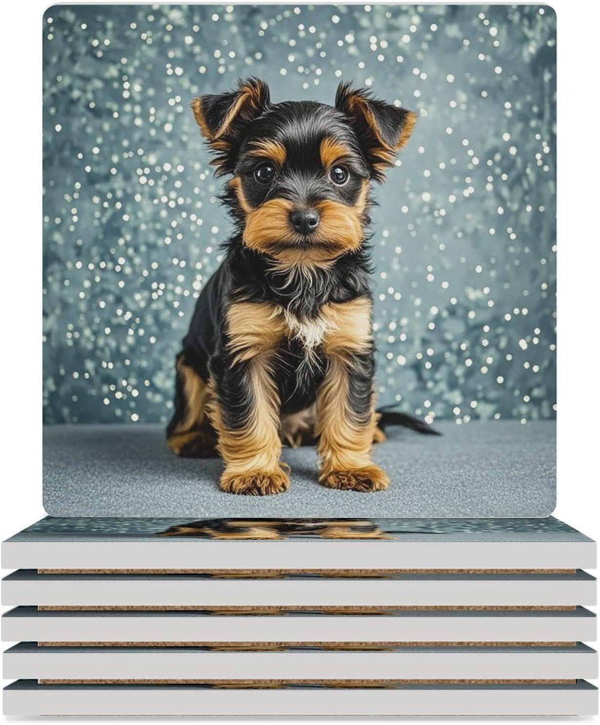 Black Yorkie Puppy Coasters Absorbent Ceramic Coasters for Drinks Coaster with Cork Backing for Table Protection Square Drink Cup Mat Modern Style Coaster for Coffee Table