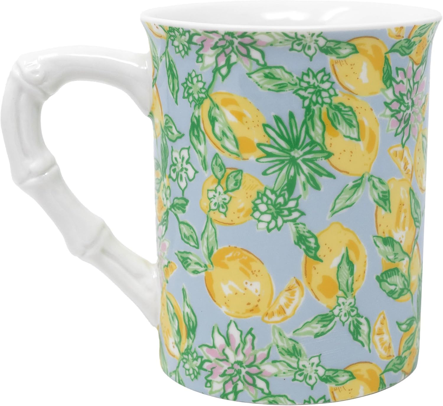 Lilly Pulitzer Cute Coffee Mug with Lemon Pattern, Ceramic Tea Cup with Bamboo Handle, Make Lemonade