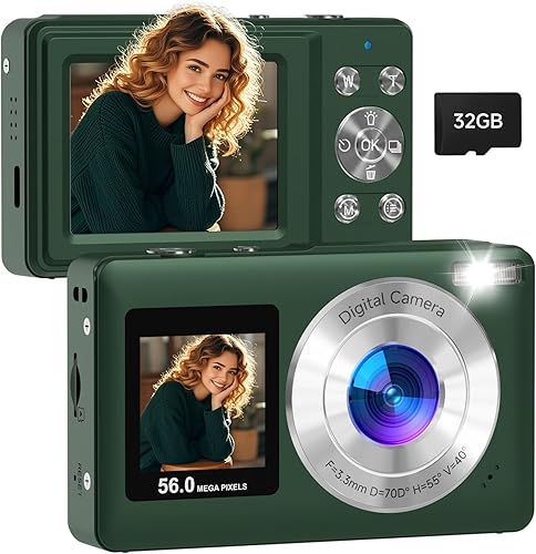 Cámara digital, cámara de doble pantalla de 183.7 ft y 2.7 K, cámaras digitales con tarjeta de 32 GB, zoom de 18X, 20 filtros (verde profundo)