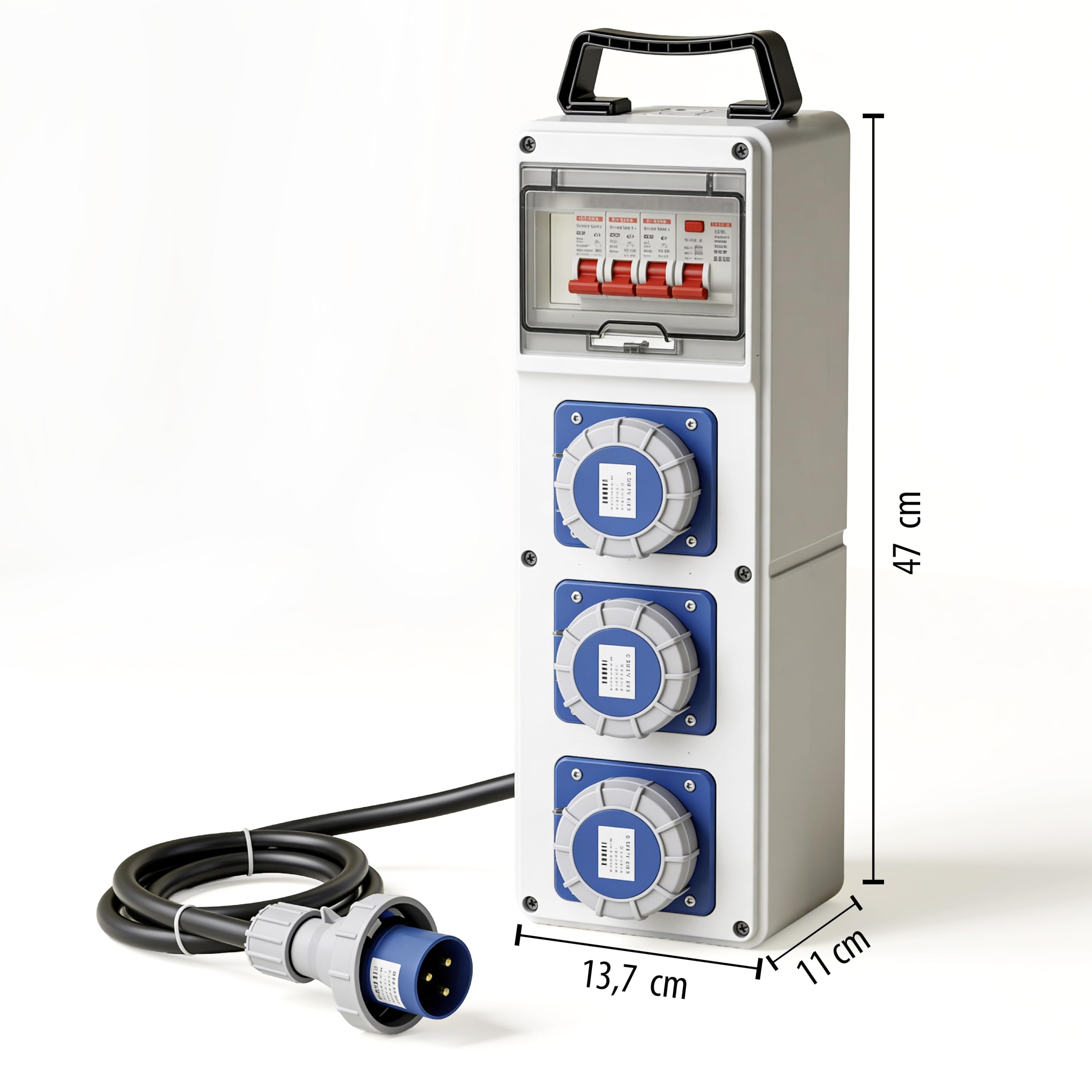 Quadro Elettrico di Distribuzione 3 Prese Industriali CEE, Spina CEE, Cavo 2M H07RN-F 3G2.5, Impermeabile IP65, interruttore differenziale 30ma + interruttore di sicurezza. Ideale per cantieri, camper