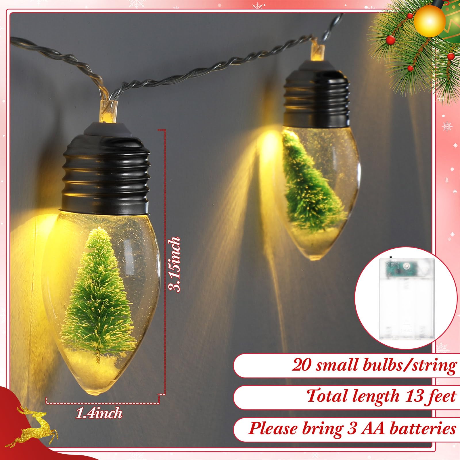 Aurelema Stringa di lampadine natalizie da 4 m, con 20 lampadine LED trasparenti, con mini neve, decorazione per albero di Natale, camera da letto, tavolo, feste, timer a batteria (bianco caldo)