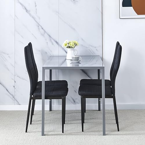Miniatura 7 de Juego de 4 mesas de comedor y sillas negras modernas de 5 piezas para cocina pequeña, mesa rectangular de vidrio templado y 4 sillas de terciopelo