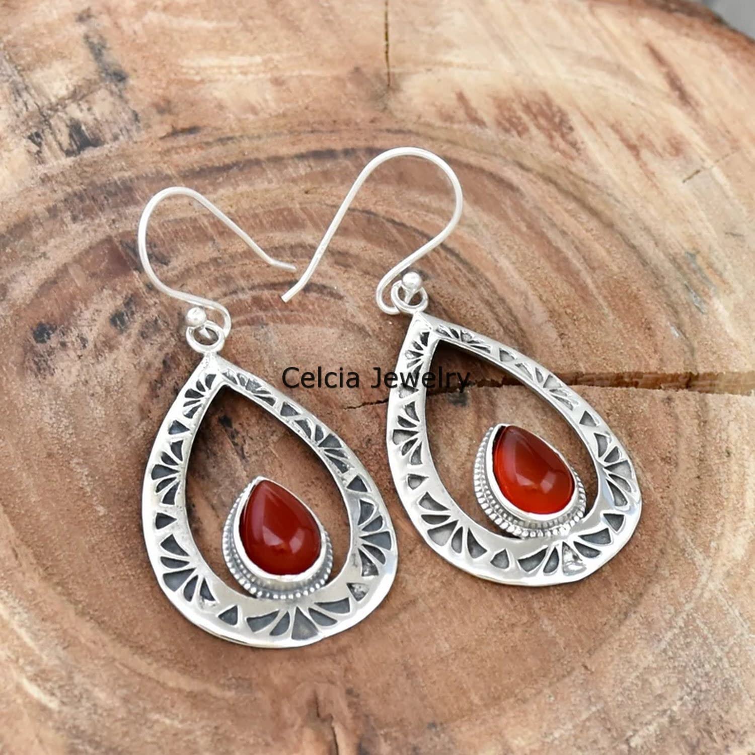 Orecchini pendenti in vero argento sterling 925 per le donne, orecchini delicati con pietre preziose naturali di onice rosso, orecchini artigianali unici