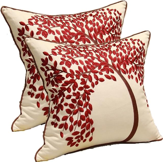 ZUODU Cushion Cover 2PCS 45cmx45cm Embroidered Cotton Linen Decorative Red Pillow Cover Cushion Case Pillow Case - The Tree of Life (Red with Frame) (RED-2PC)