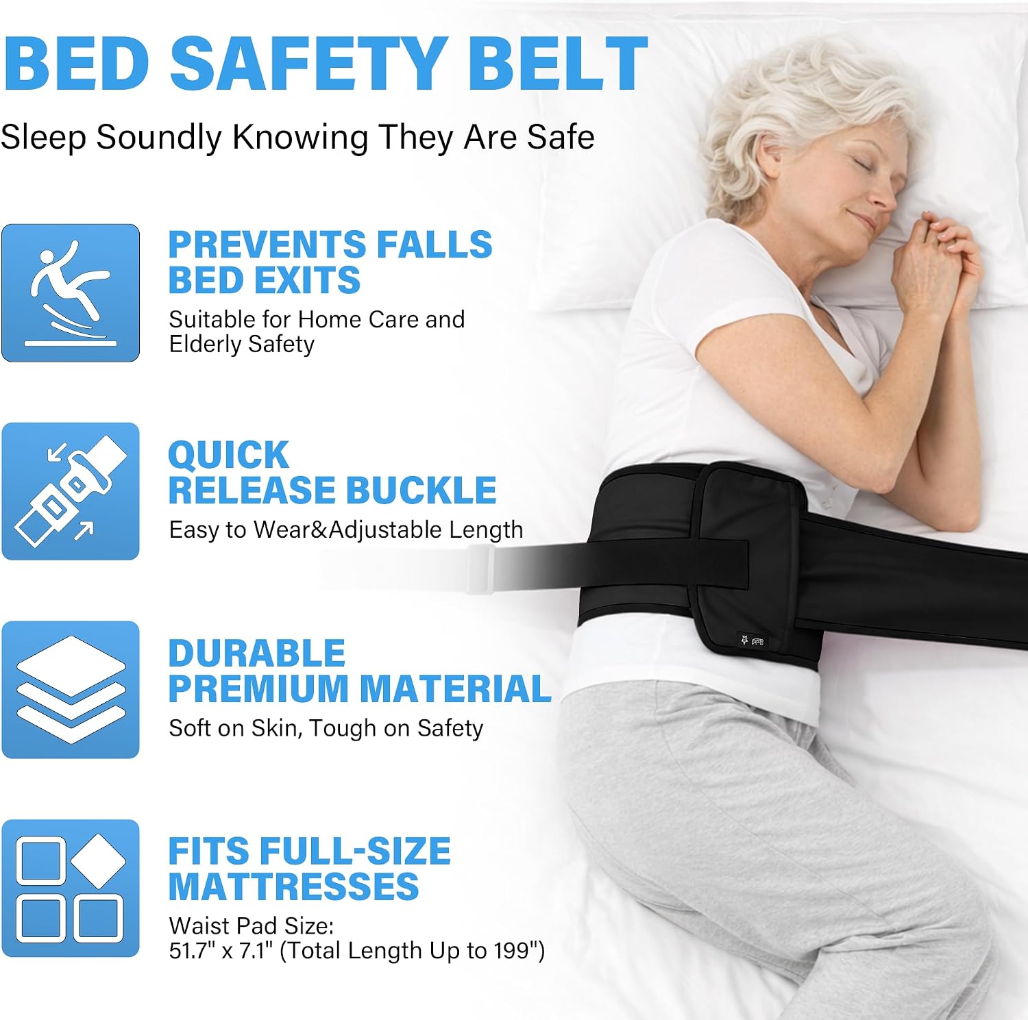 SPRING SEAON Bed Safety Belt for Elderly, Adjustable Bed Straps for Elderly, Cushioned Waist Belt, Fall Prevention Device for Seniors, Hospital Caregiver Aid, 51.7 * 7in (Black)