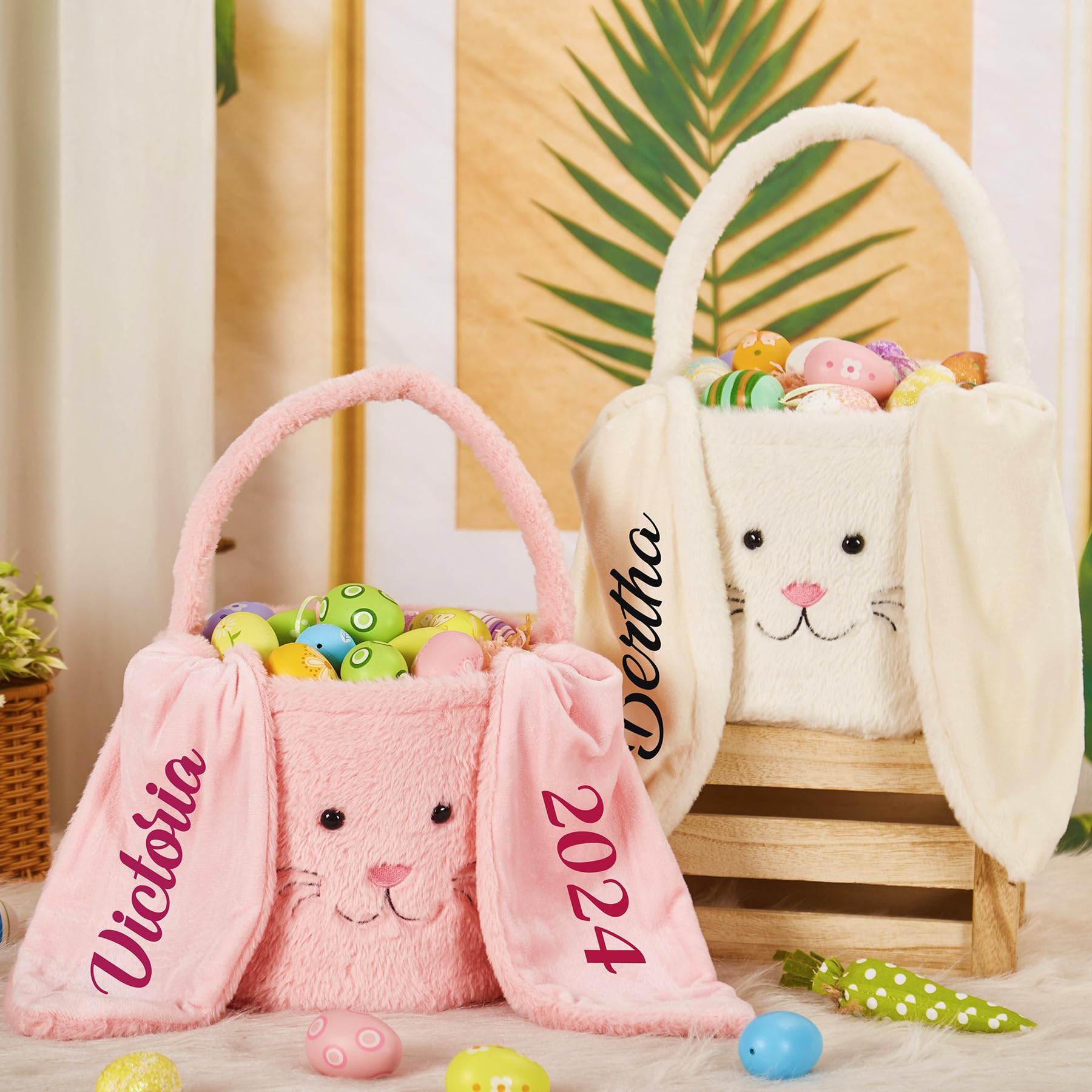 HiPeep Personalized Easter Bunny Basket Egg Buckets, Cute Custom Name Egg Hunt Tote Bags for Party Gifts 4 Color