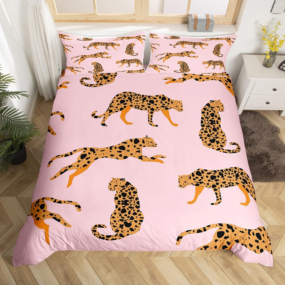 Loussiesd Leopard Bedding Wild Animal Down Duvet Set Double Pink Brown Leopard Microfiber Bedding Set Children And Girls 3-Piece Zipper Bedding Set — image 1