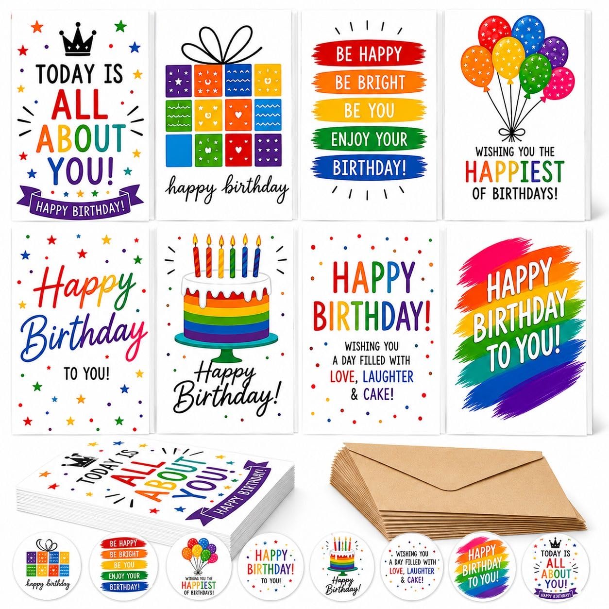 Birthday Cards Multipack of 24 with Envelopes & Matching Stickers - 8 Unique Rainbow Designs, Happy Birthday Card Pack for Women Men Kids Family Friends, Blank Inside, 10x15cm, Made in UK