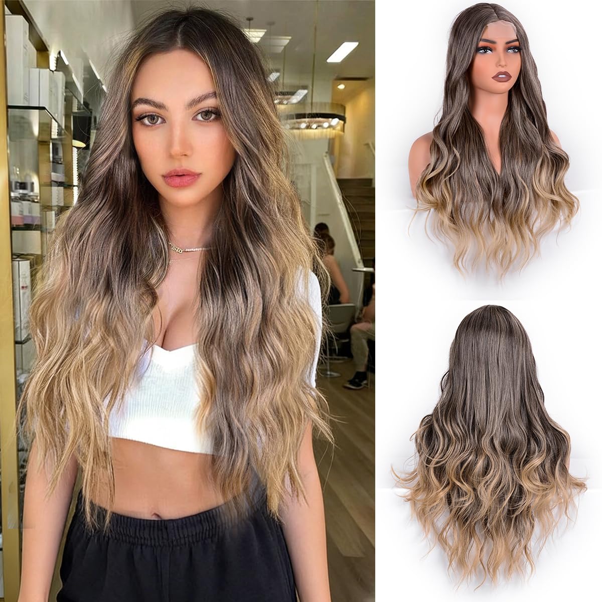 Photo 1 of 28 Inch Brown Mixed Blonde Highlight Body Wave Lace Front Wig Women Hair