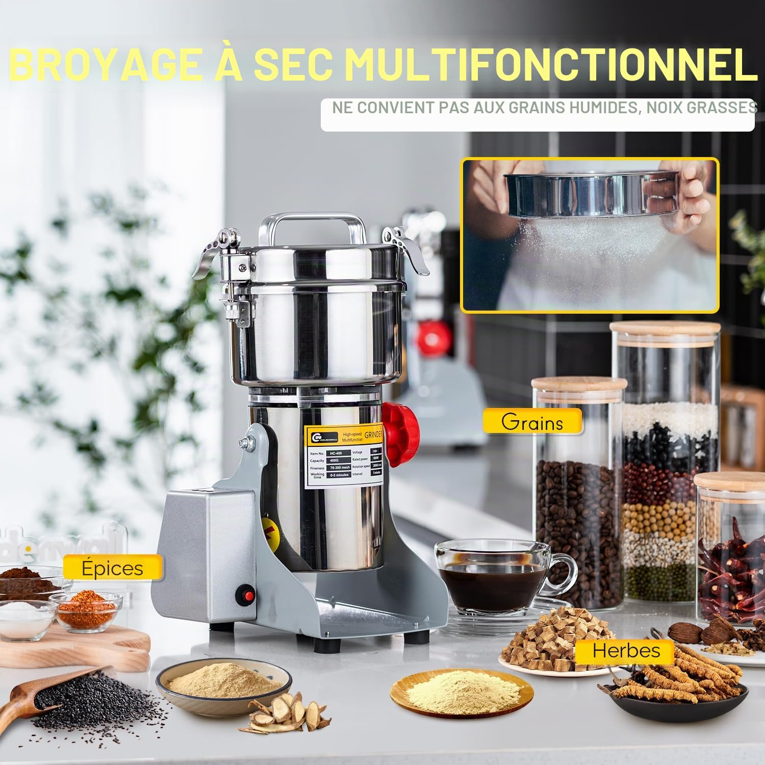 CGOLDENWALL LED Affichage Moulin à Épices Électrique 800g Broyeur à Sèches Grains Herbe Céréales Café, Haute Vitesse 28000RPM/ 2400W Moteur avec Minuterie, Contre Surcharges(Swing Type)