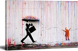 Banksy Wall Art Kid Playing in Colorful Rain@ Banksy Graffiti Street Canvas Art Framed Painting for Bedroom Livingroom Office Ready to Hang