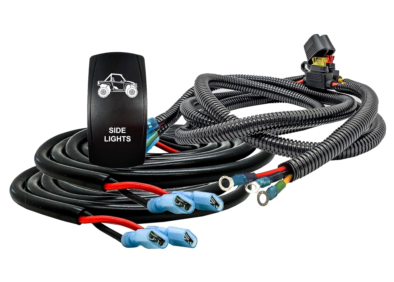 OZ-USA 10ft Plug-and-Play Split-Wire Power Distribution Block Wiring Harness with Laser-Etched Side Lights On/Off Rocker Switch – Compatible with Can-Am Maverick X3 MAX Defender Commander Sport Trail