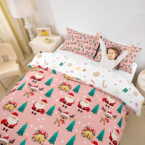 Miniatura 2 de Juego de funda de edredón rosa de Navidad, tamaño Queen, lindo juego de ropa de cama de árbol de Navidad de ciervos y Papá Noel para niños y niñas,