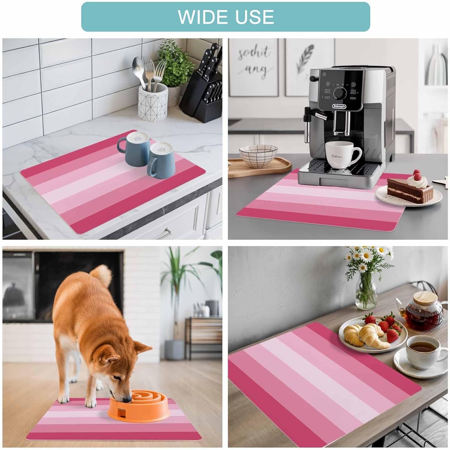 Coffee Mat Pink Dish Drying Mat for Kitchen Counter Gradient Stripes Modern Coffee Bar Mat for Coffee Maker and Espresso Machine, Coffee Station Accessories 18x28in