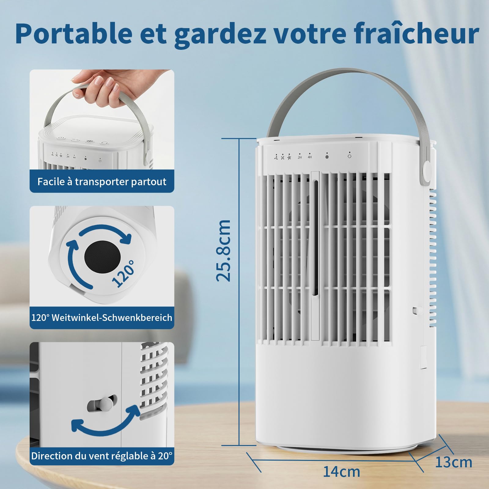 Mobile Klimaanlage, 120° Oszillation klimaanlage mobil, USB 4 in 1 klimaanlage ohne abluftschlauch mit 2/4 H Timer, 3 Geschwindigkeiten & 3 Nebelmodi, 7 Farben Mini Klimaanlage für Hause, Büro