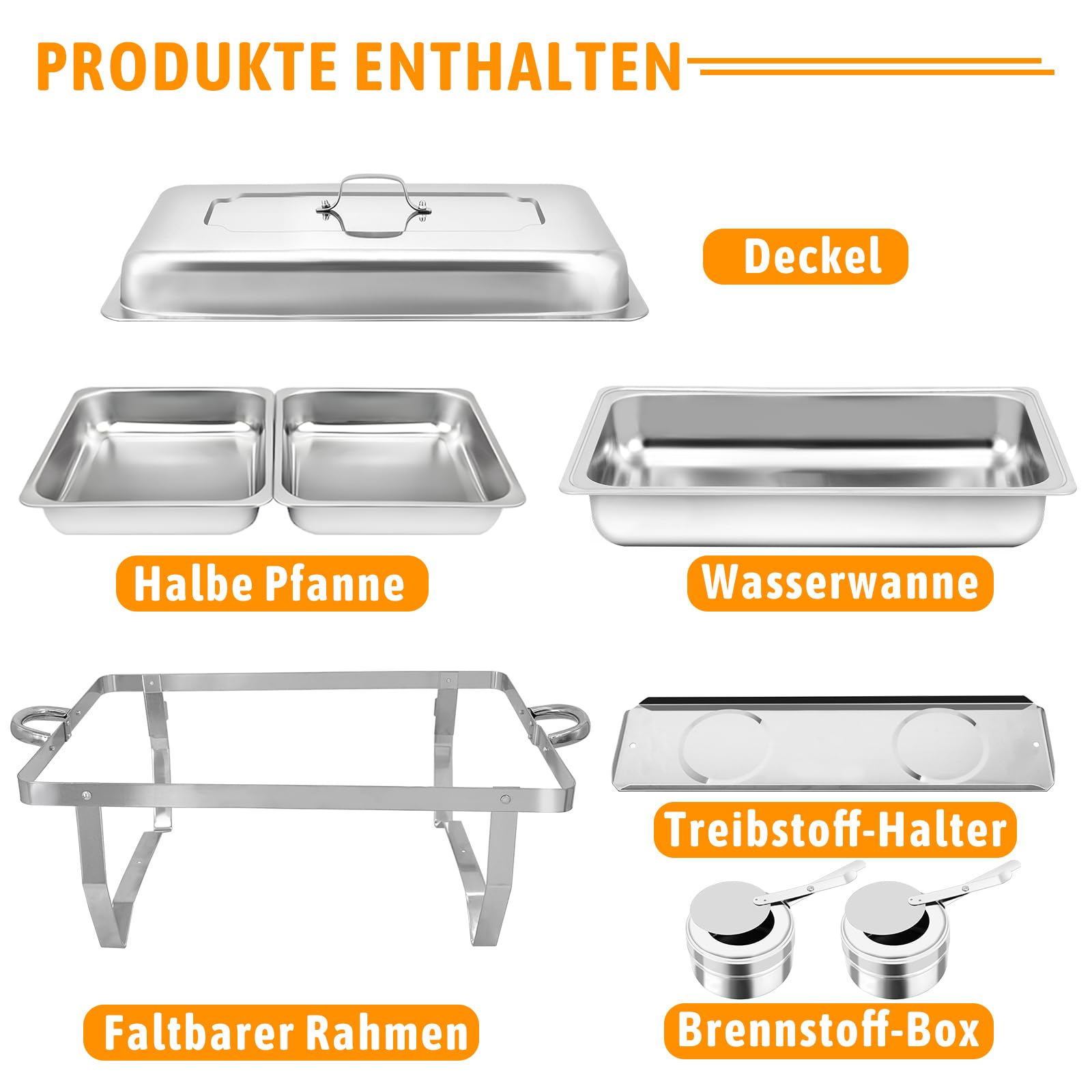 Chafing Dish Profi Set, 4 Stück, 8 x GN 1/2 | Mit halbgroßen Lebensmittelbehältern, Wärmebehälter für Catering, Für Buffet und Hochzeitsfeste, Speisenwärmer Set