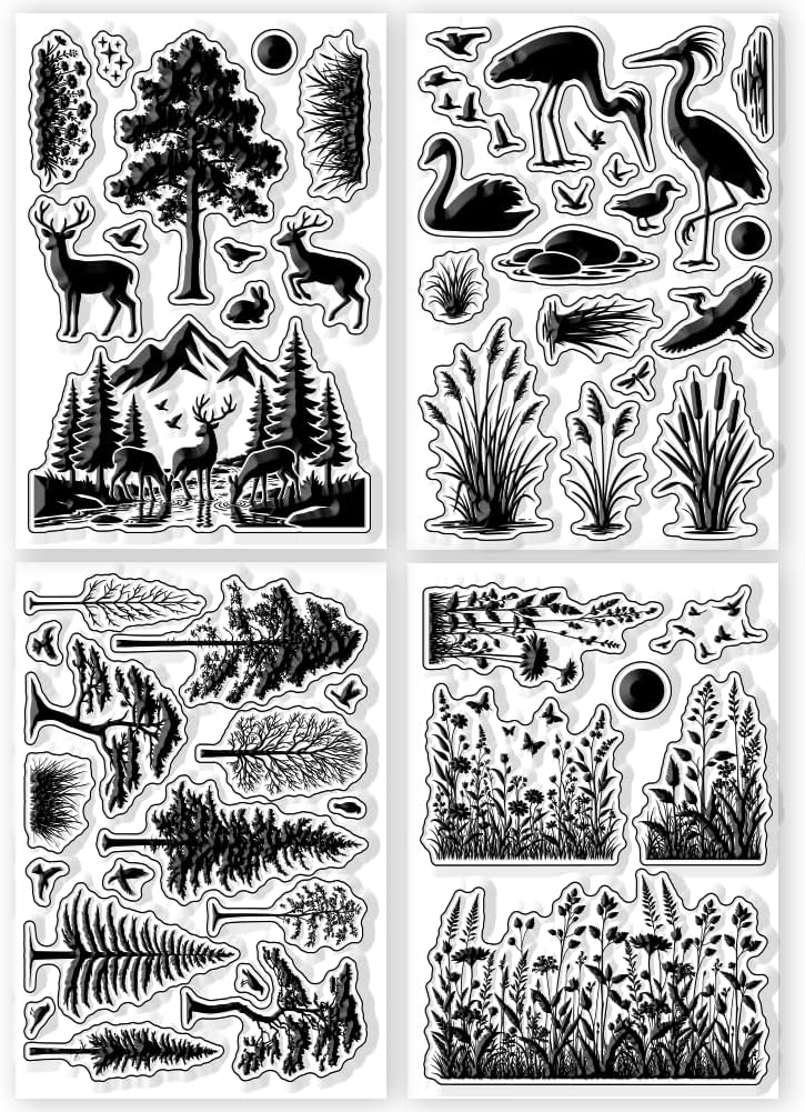 4 Sheets 4 Styles Forest Scenery Pattern Clear Stamps Silhouettes of Animals Silicone Stamp Seal Transparent Stamps for DIY Scrapbooking and Card Making Paper Craft Decor, 6.3x4.3 Inch