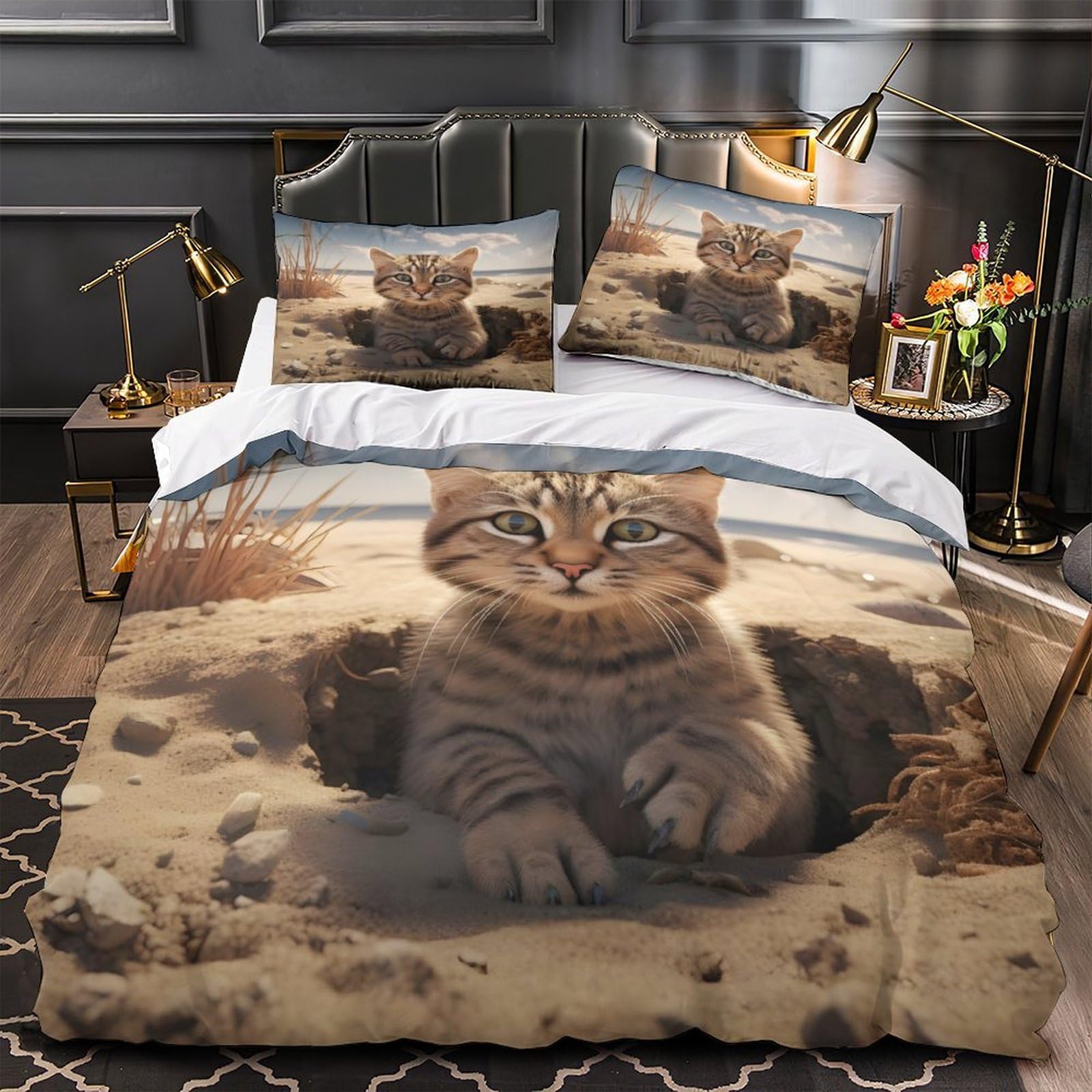 Housse de couette chaton anti-acariens en microfibre douce pour lit simple