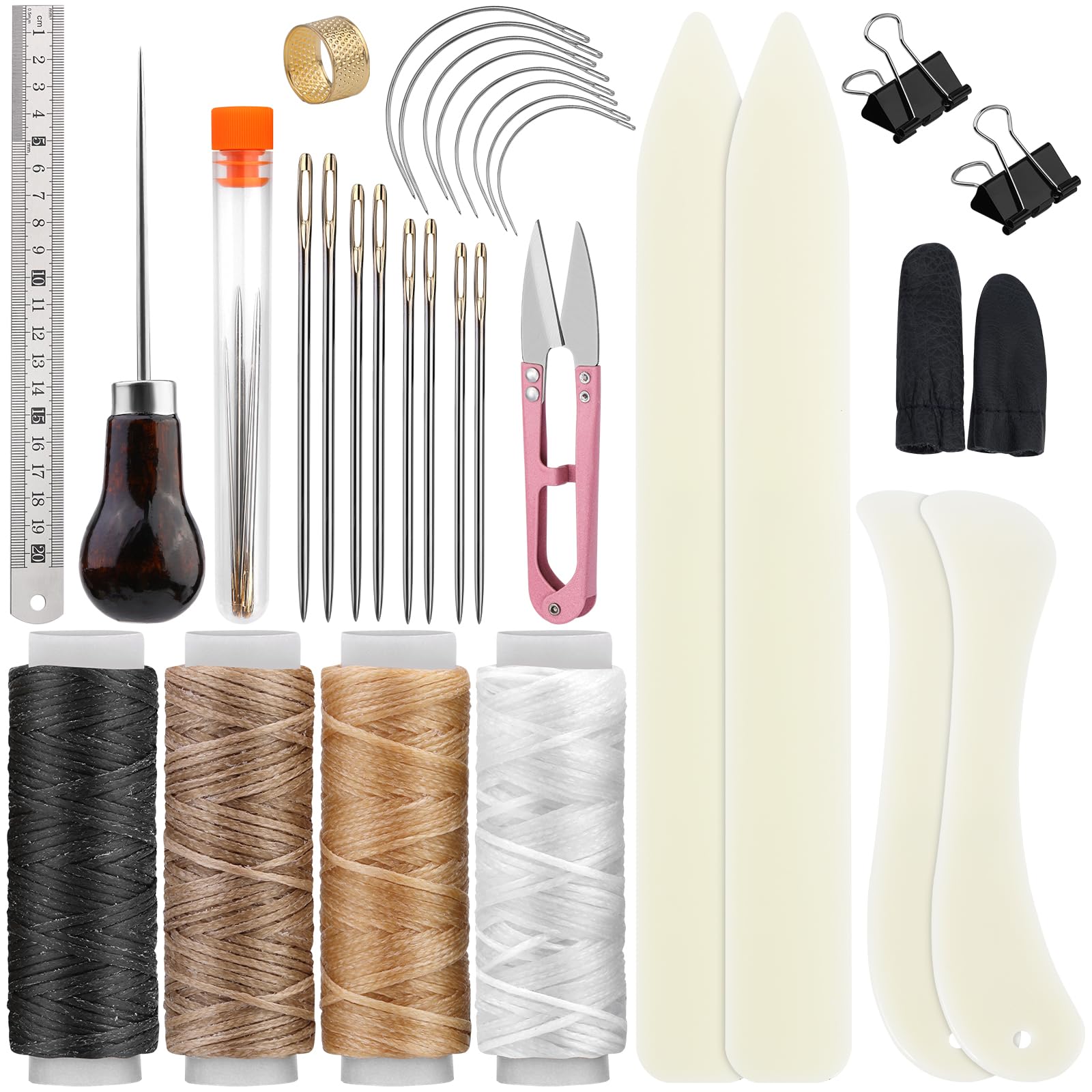 Axmru 33 Pcs Book Binding Kits, 4 Pcs Bone Folder Tools, Bookbinding Supplies with Waxed Threads Book Binding Awl, Bookbinding Tools Books Binding Kit for Beginners