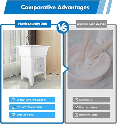 Miniatura 9 de Lemoeyes Fregadero de lavandería independiente, fregadero de plástico con lavadero, bañera de lavandería, manguera de grifo de agua fría y caliente,