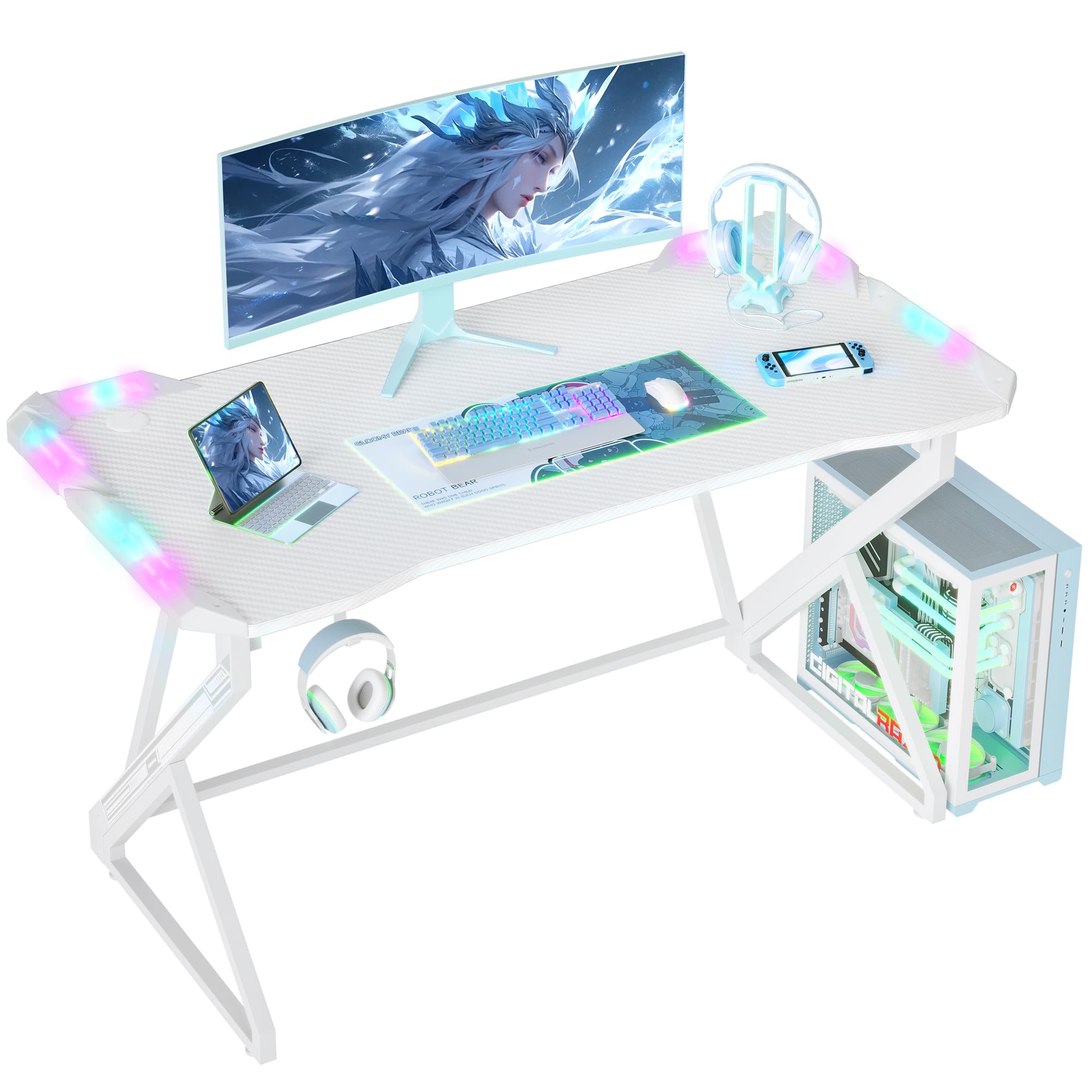 TIQLAB Small Gaming Desk with LED Lights, 40 Inch Computer Desk for Home Small Space, Gaming Table with Carbon Fiber Surface, PC Gamer Desk for Kids Boys Men, White