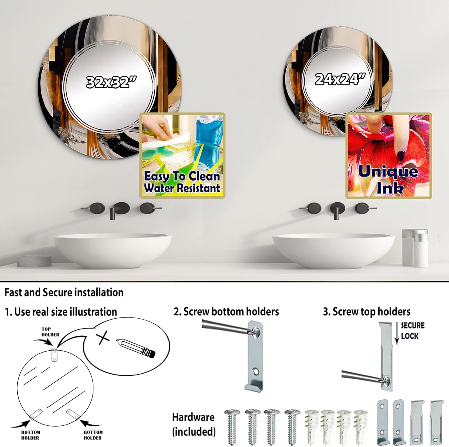 Abstract wall mirror, Oval Modern mirror, Round Black bathroom mirror, Abstract vanity mirror Art Deco with a Golden Touch IV printed mirror decor, round mirror 24 inch