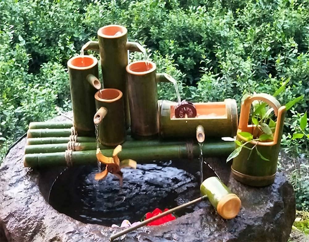 Bamboo Fountain, Waterscape Bamboo Fountain Decoration Spout Plug-in Electric Pump, Feng Shui Wheel Crafts Artwork Garden Decoration for Outdoor (70cm) (70cm) ()