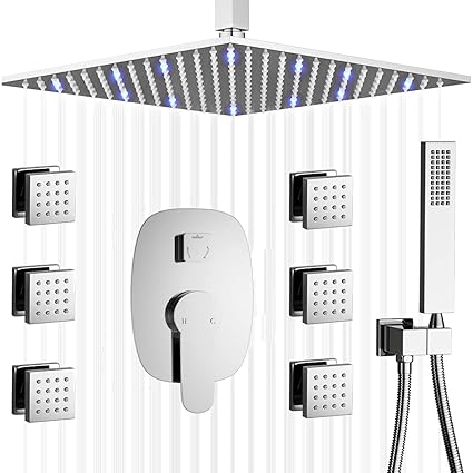 AYIVG Chrome 12 Inch LED Square Rainfall Shower System With 6 PCS Body Jets Set Bathroom Brass Ceiling Mounted Shower Set