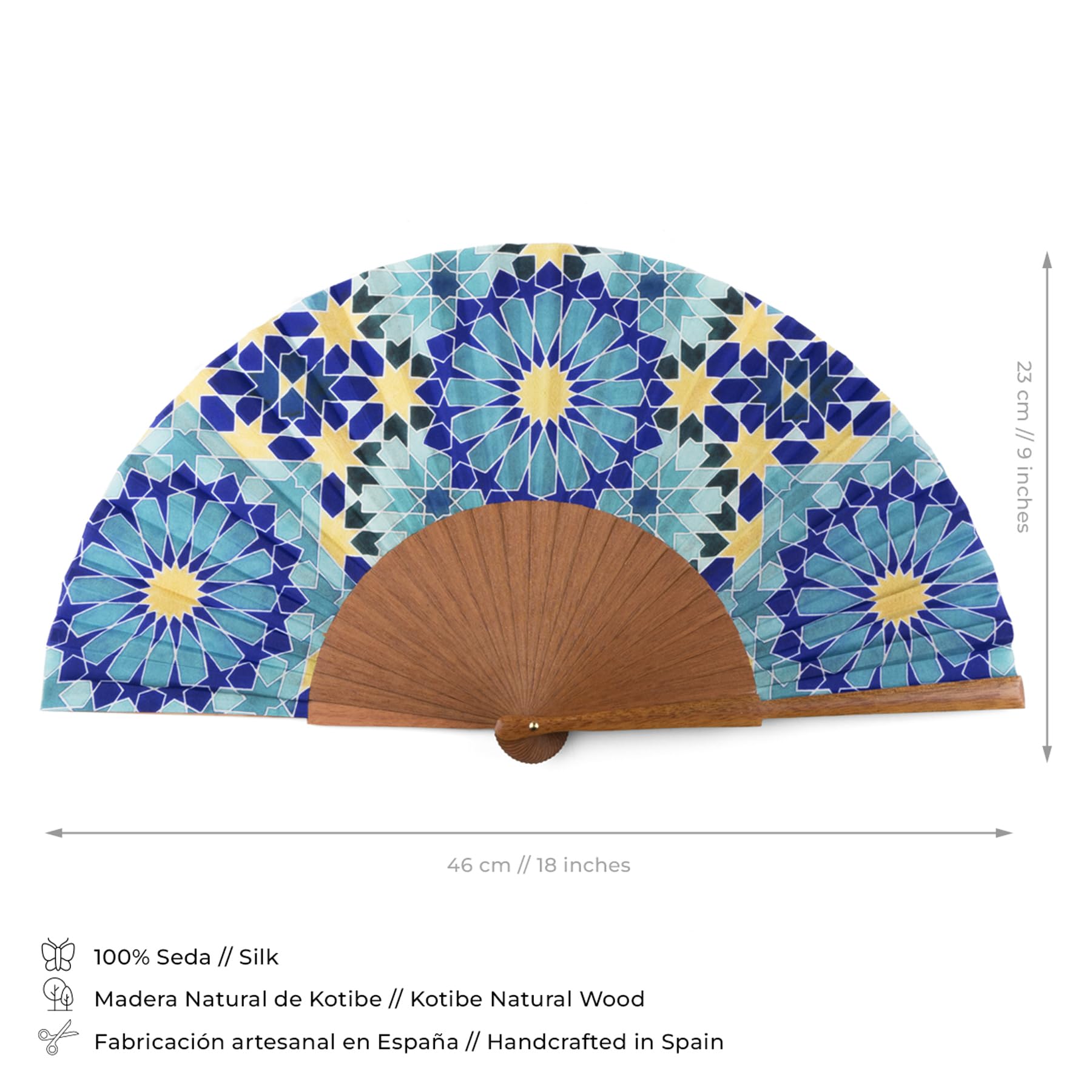 Fächer handgefertigt in Spanien | Naturseide und Kotibé Holz | Original andalusischer Farbdruck | Samtbezug | originelles und handwerkliches Geschenk | Mosaik-Kollektion