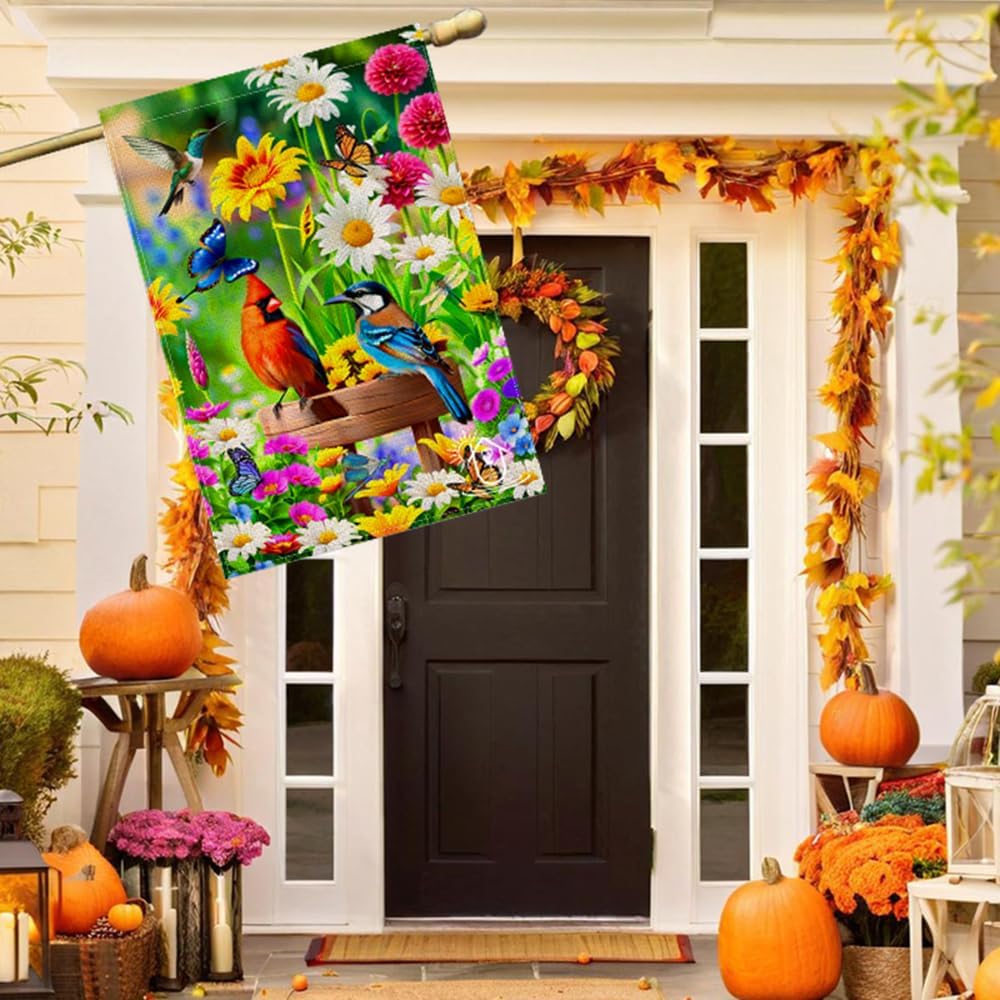 Welcome spring summer house flag, hummingbird double sided Burlap fall flag 28x40 Inch, seasonal farmhouse vacation outdoor decoration