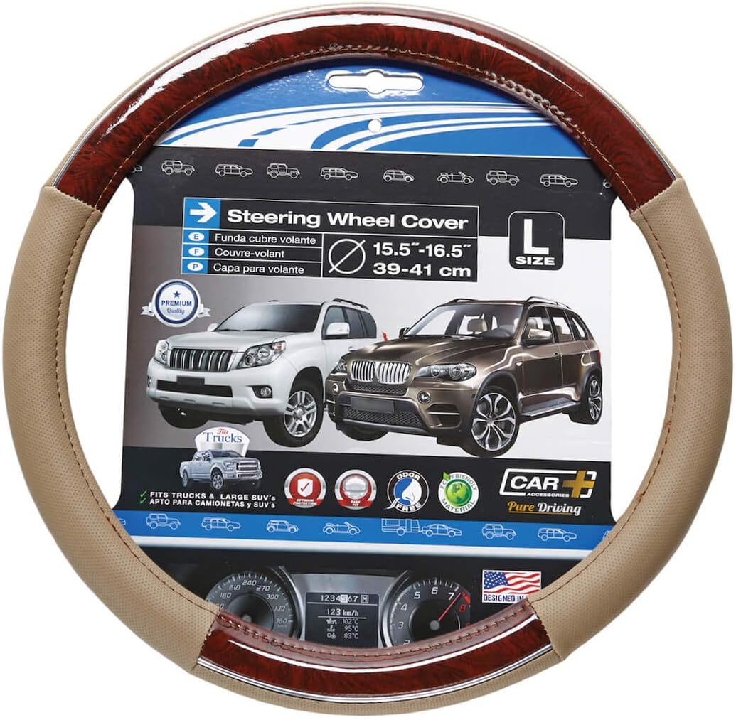 CAR+ P505179 Steering Wheel Cover, Tan/Wood Grain