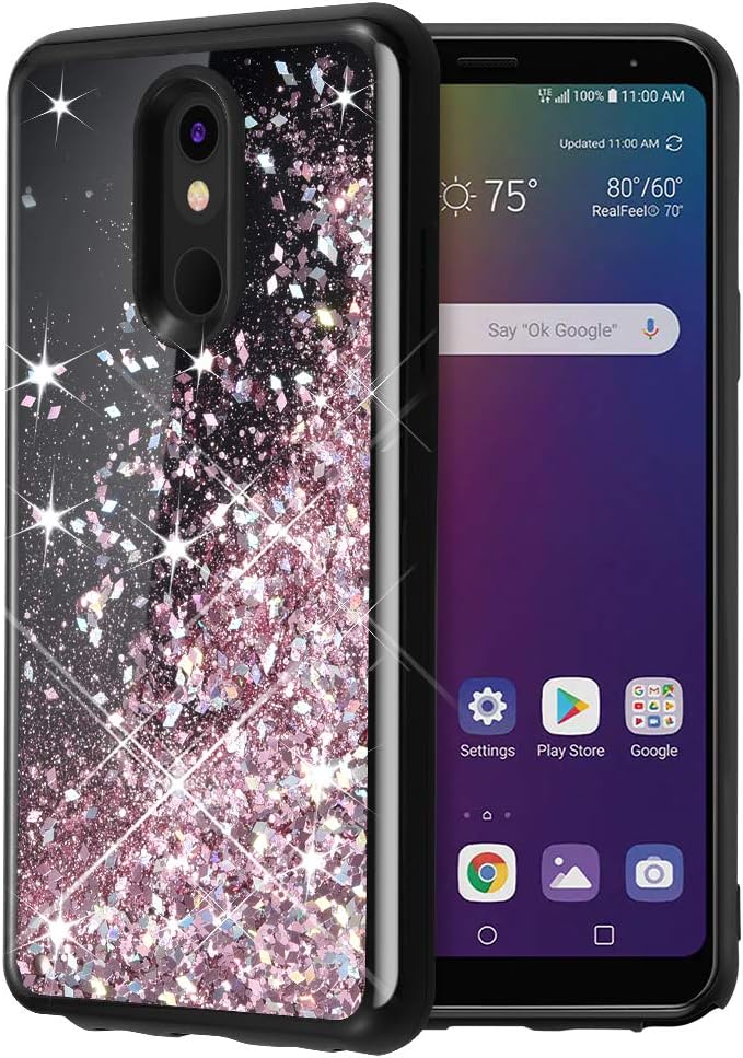 Caka Glitter Case for LG Stylo 5 Case for Girls Women Luxury Fashion Bling Flowing Liquid Floating Sparkle Girly Soft TPU Black Phone Case Cover for LG Stylo 5 (Rose Gold)