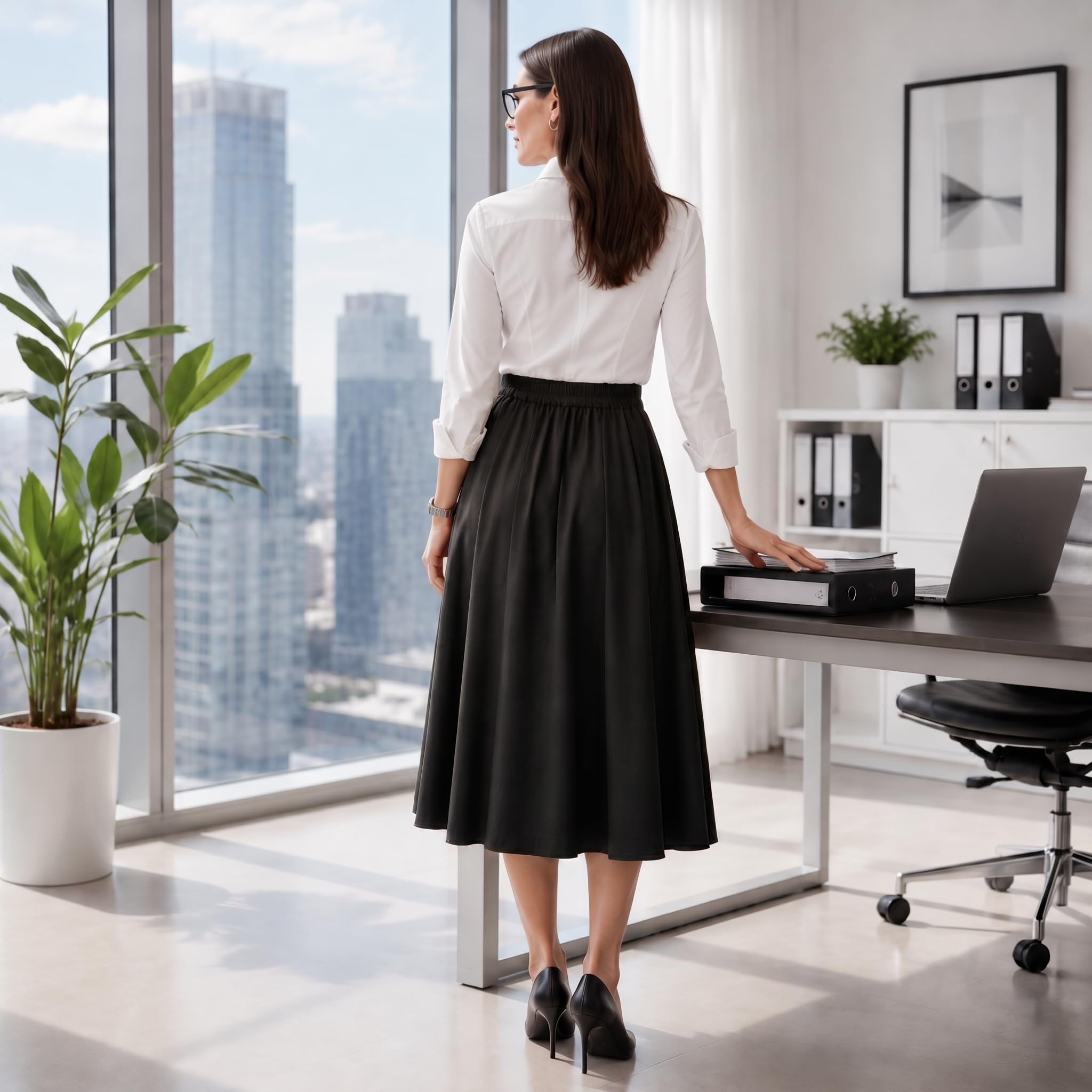 Dressystar Gonne midi plissettate per lavoro da donna con tasche