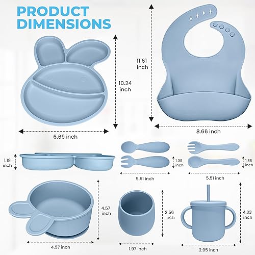 Miniatura 6 de Juego de alimentación de silicona para bebés, 9 piezas, juego de platos para bebés pequeños, utensilios sólidos para bebés de primera etapa. Más de