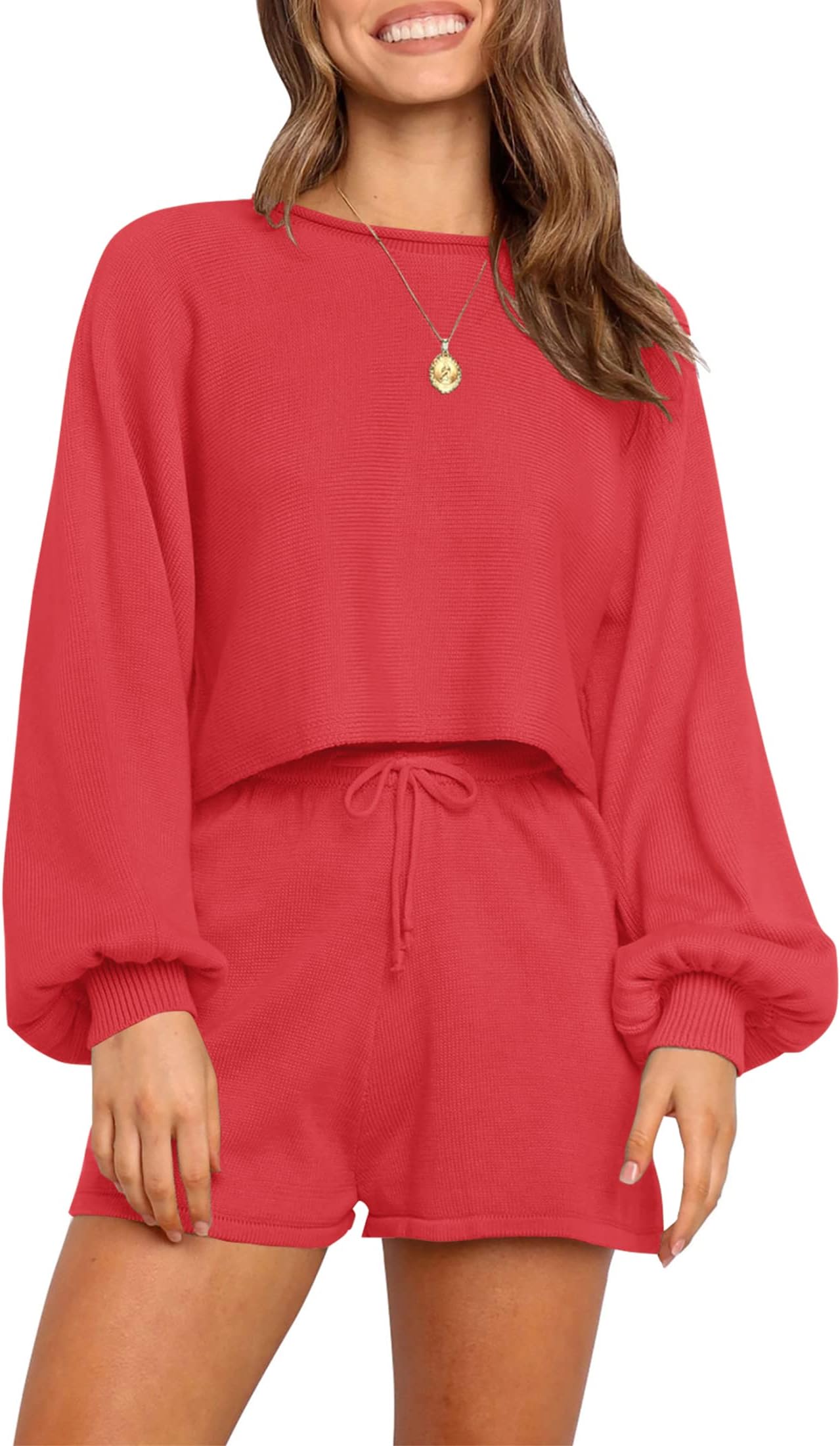 ZESICAWomen's Casual Long Sleeve Solid Color Knit Pullover Sweatsuit 2 Piece Short Sweater Outfits Sets