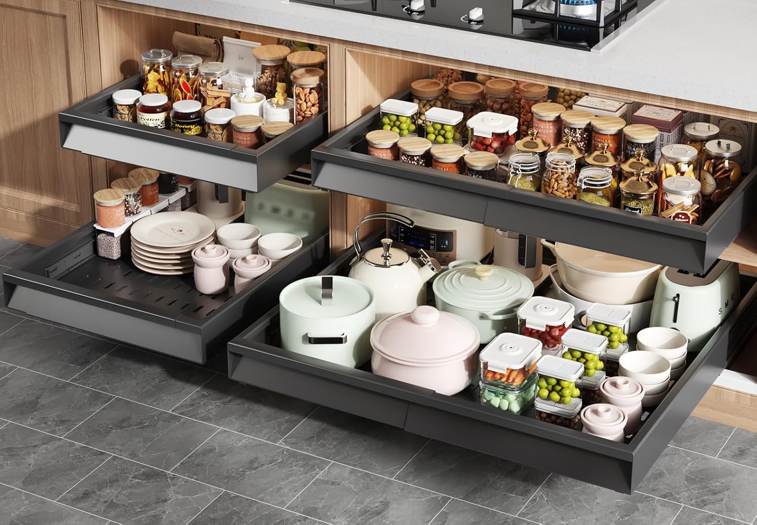 4 Pack Pull Out Cabinet Organizer Expandable Width (12"-20.8") & Depth (16.2"-23.6"), 3 Slide Rails Slide Out Drawers with Handle, Includes Raising Pad for Framed Cabinets, White