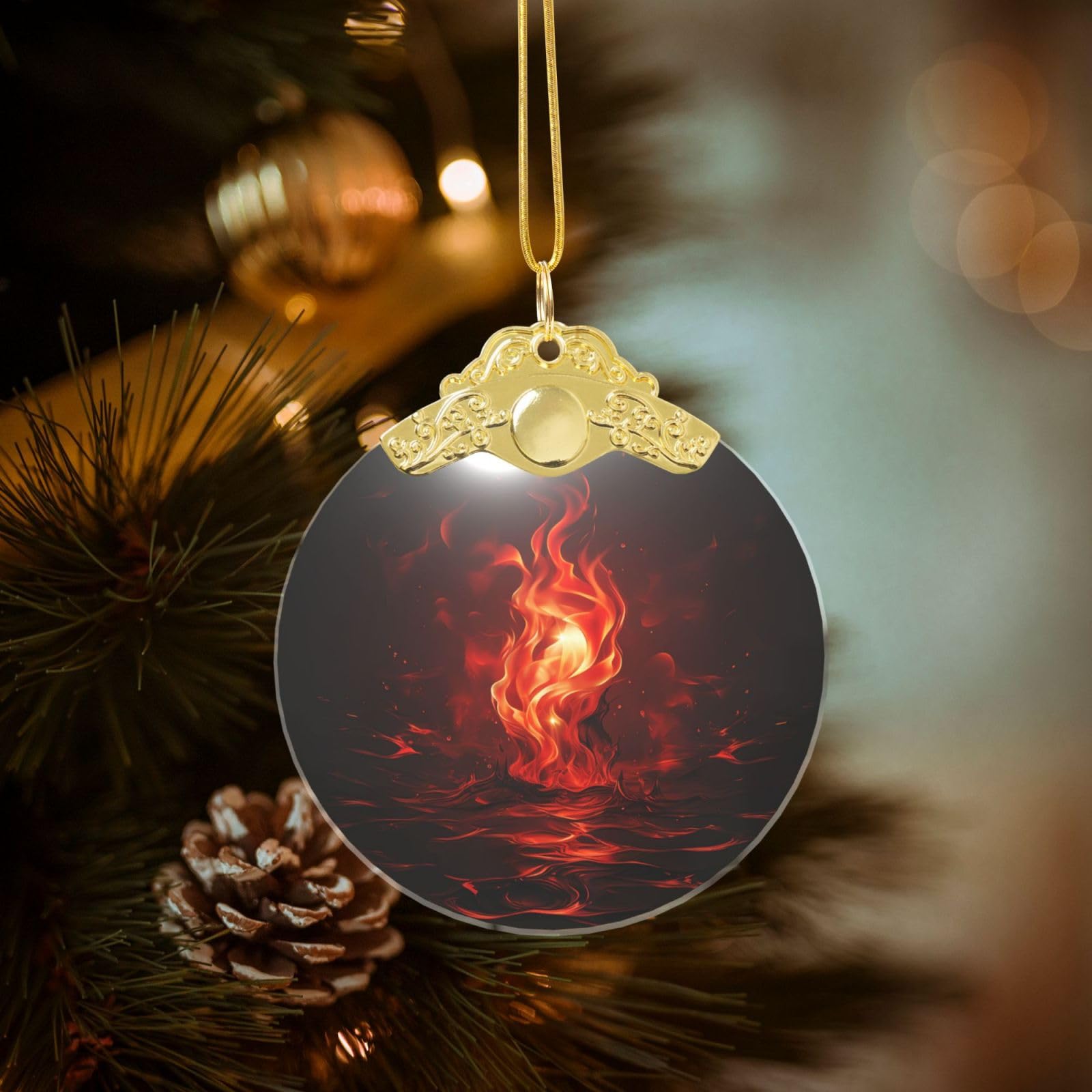 Crystal Christmas Ornaments for Christmas Tree Decoration Hanging Red Flame Ornament with Gold Ribbon Crafts Round Pendant for Keepsake Gifts Glass Xmas Decor Party Supplies