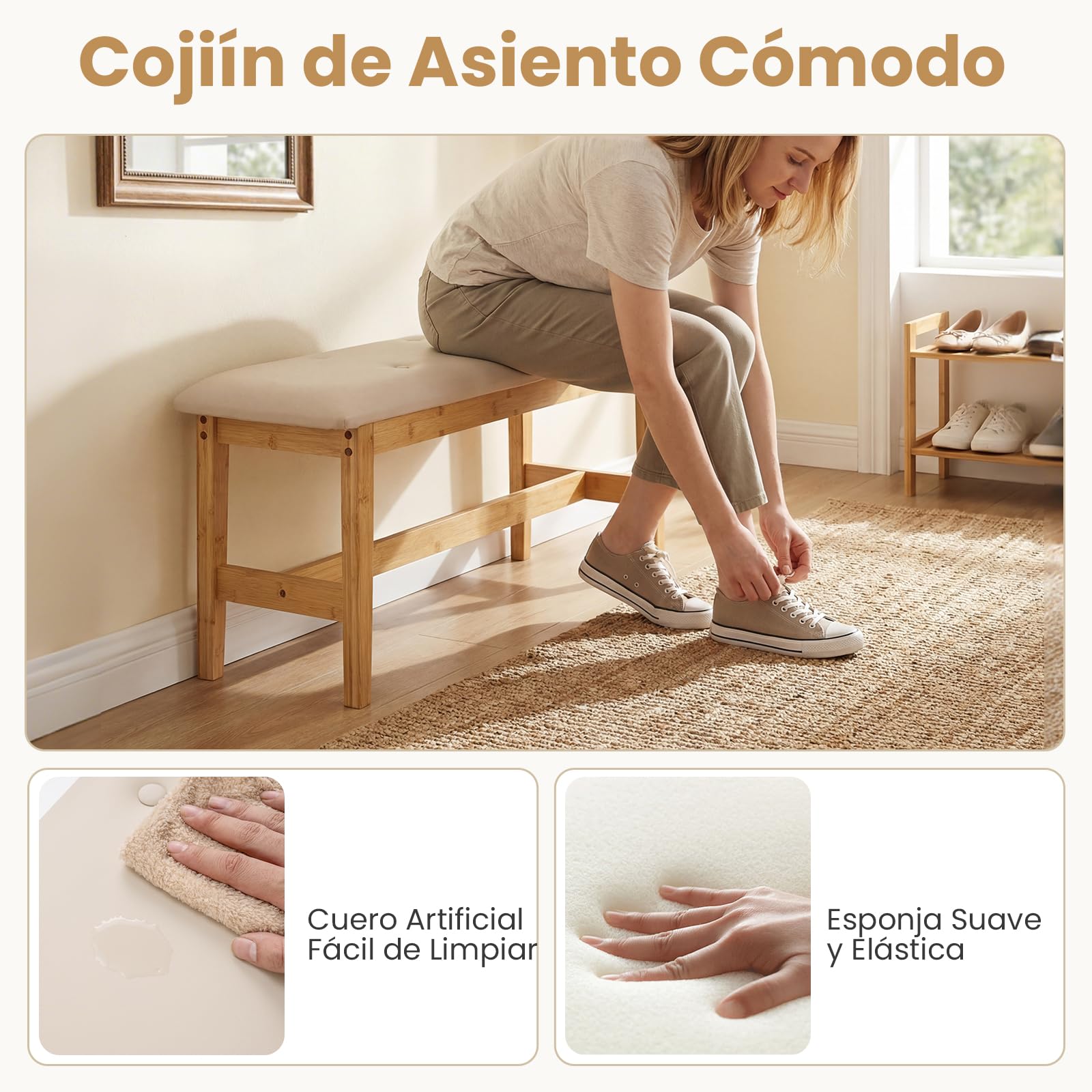 COSTWAY Banco Tapizado de 100 cm, Taburete de Bambú para pie de Cama con Botones y Asiento Acolchado, Cuero Artificial y Relleno de Esponja, Taburete para Zapatos, Banco para Cocina, Entrada, Pasillo