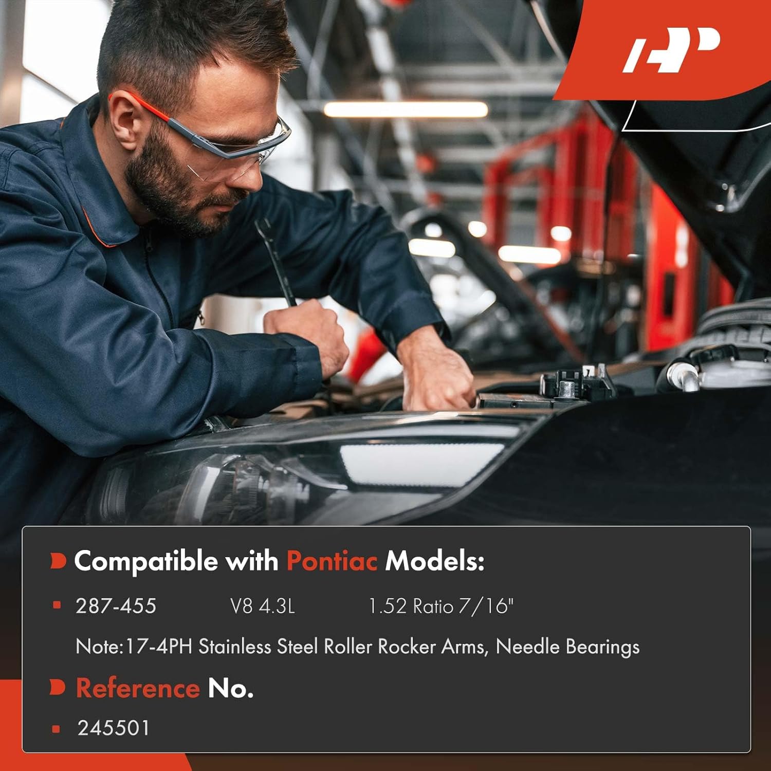 A-Premium 16Pcs Stainless Steel Engine Roller Rocker Arms with Needle Bearings Compatible with Pontiac 287-455 V8 4.3L, 1.52 Ratio, 7/16" Studs