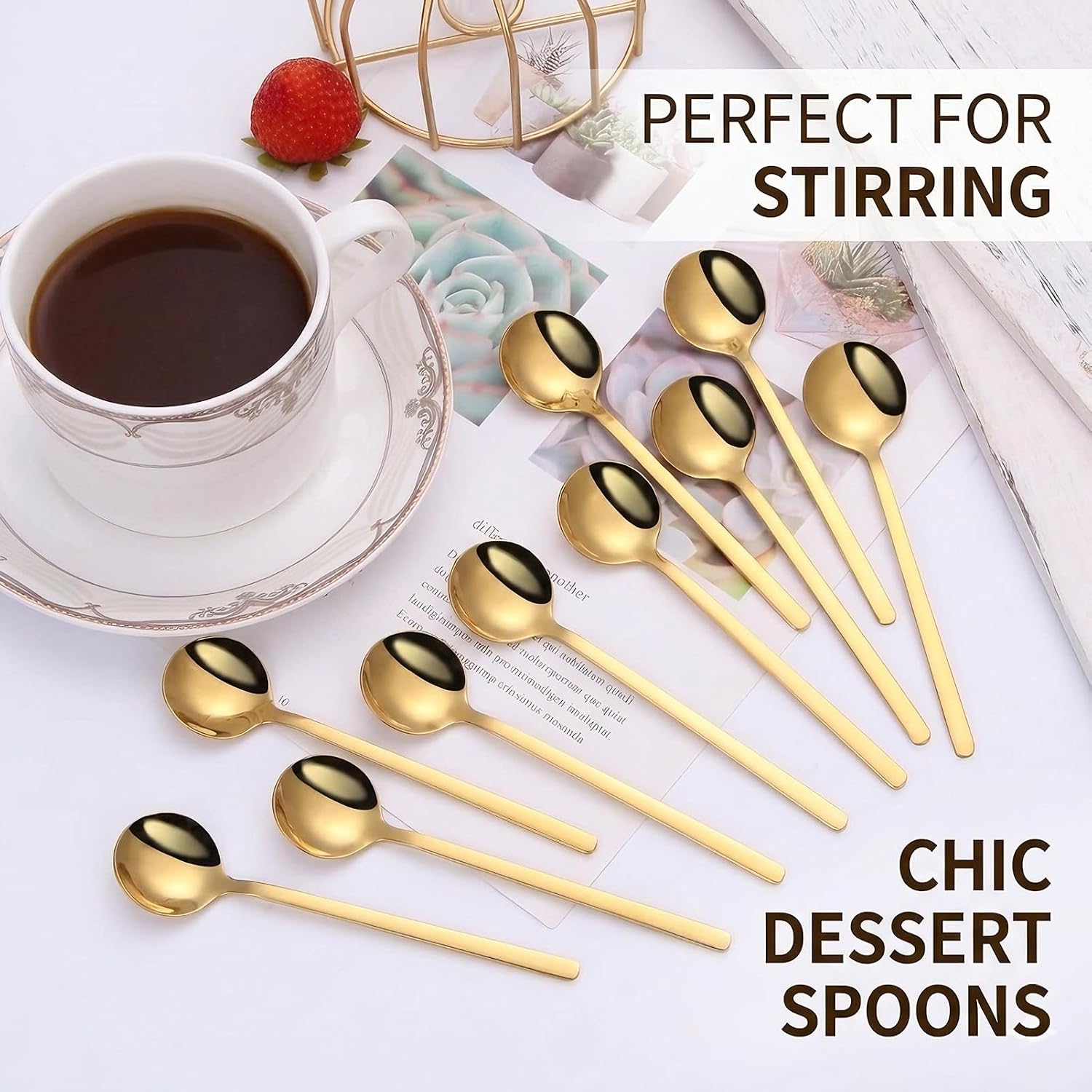 8-Piece Gold Coffee Spoons Set, 5.24-inch Small Stainless Steel Dessert Spoons, Food Grade SUS 304 Tea Spoons with Long Handle, Mirror Polished Stirring Spoons for Espresso, Dessert, Cake