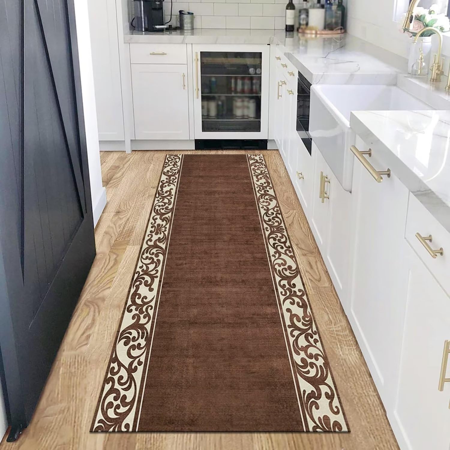 Teppich Läufer Flur rutschfest Küchenläufer Braun Apricot Korridor Teppichläufer Waschbar 90X400CM Modern Lang Flurläufer Teppichmatte Küche Schlafzimmer Kinderzimmer Wohnzimmer Meterware Fußmatten
