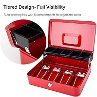 Vista 4 de Jssmst Caja de Efectivo con Bandeja de Dinero y Cerradura - Caja de Efectivo Roja con Cerradura de Llave, Caja de Dinero Segura Grande, Cajón