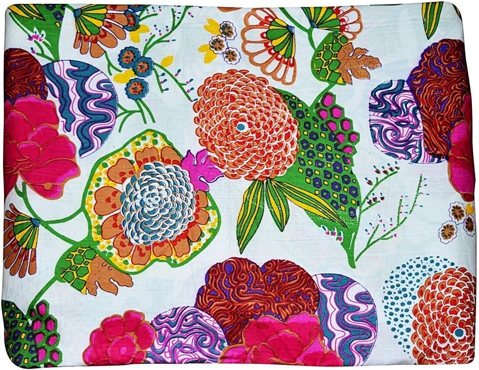Indian Cotton Floral and Fruit Print Fabric Dressmaking Kurti Sofa Curtain Fabric 5 Yard, Red, White
