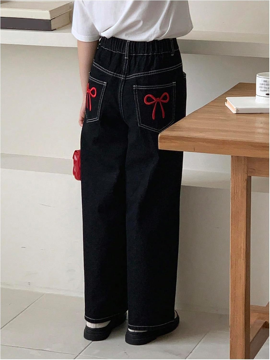 GORGLITTER Girl's Baggy Wide Leg Jeans Cute Bow High Waisted Elastic Denim Pants Bottoms with Pockets