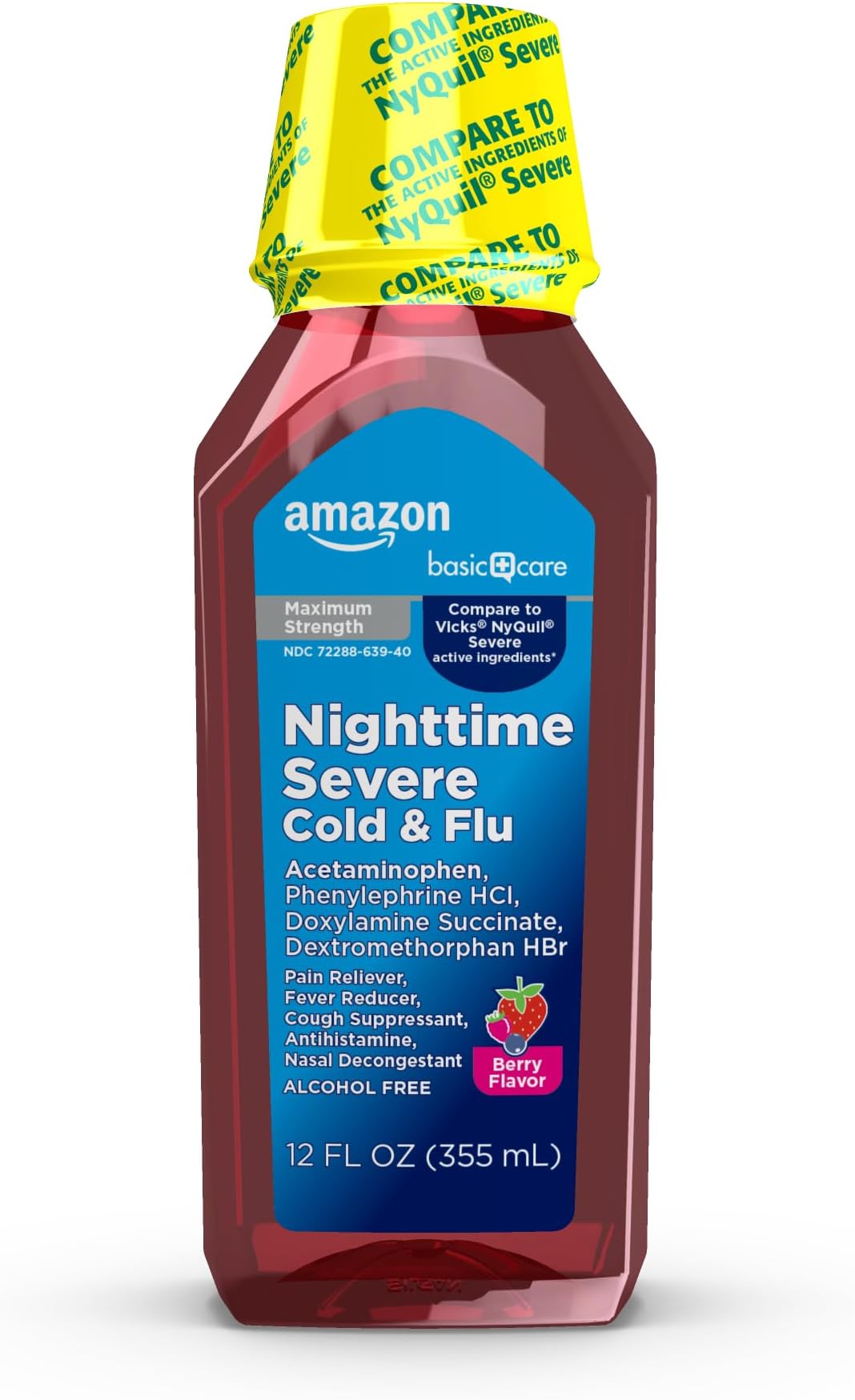 Amazon Basic Care Nighttime Severe Cold and Flu Syrup, Max Strength Liquid Medicine, Multi-Symptom Relief, for Adults and Children 12 Years and Older, Mixed Berry Flavor, 12 fl oz