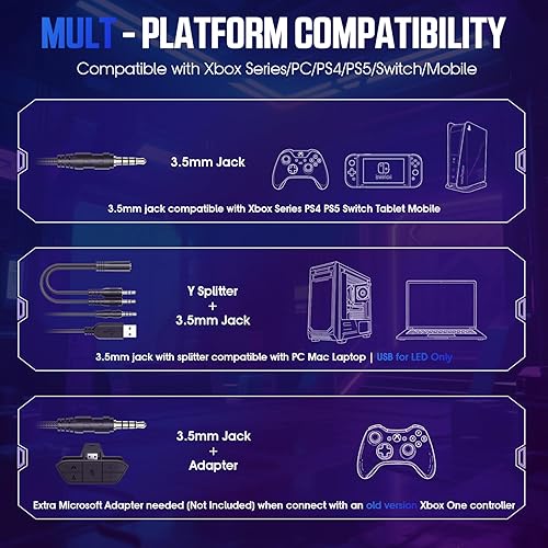 Vista 2 de Auriculares para juegos para PS5, PS4, Xbox Series X S, Xbox One, PC, Switch, Mac - Auriculares RGB sobre la oreja con sonido envolvente 7.1