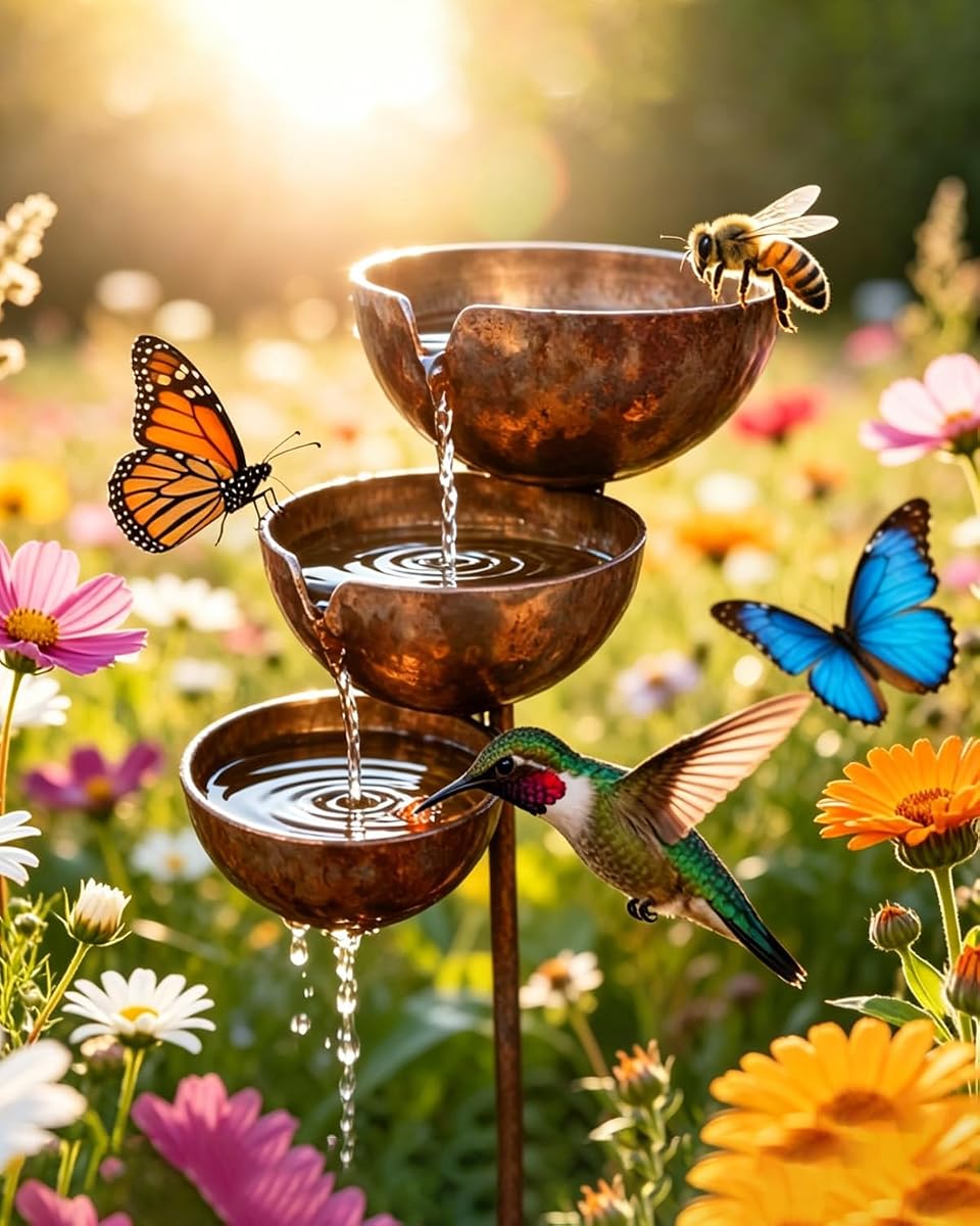 3 Tiered Rain Catcher Birdbath, Antique Bronze Metal Cascading Water Bowls & Bee Watering Station, Decorative Flower Bed Rainwater Collector, Outdoor Yard Art Garden Stake Decor