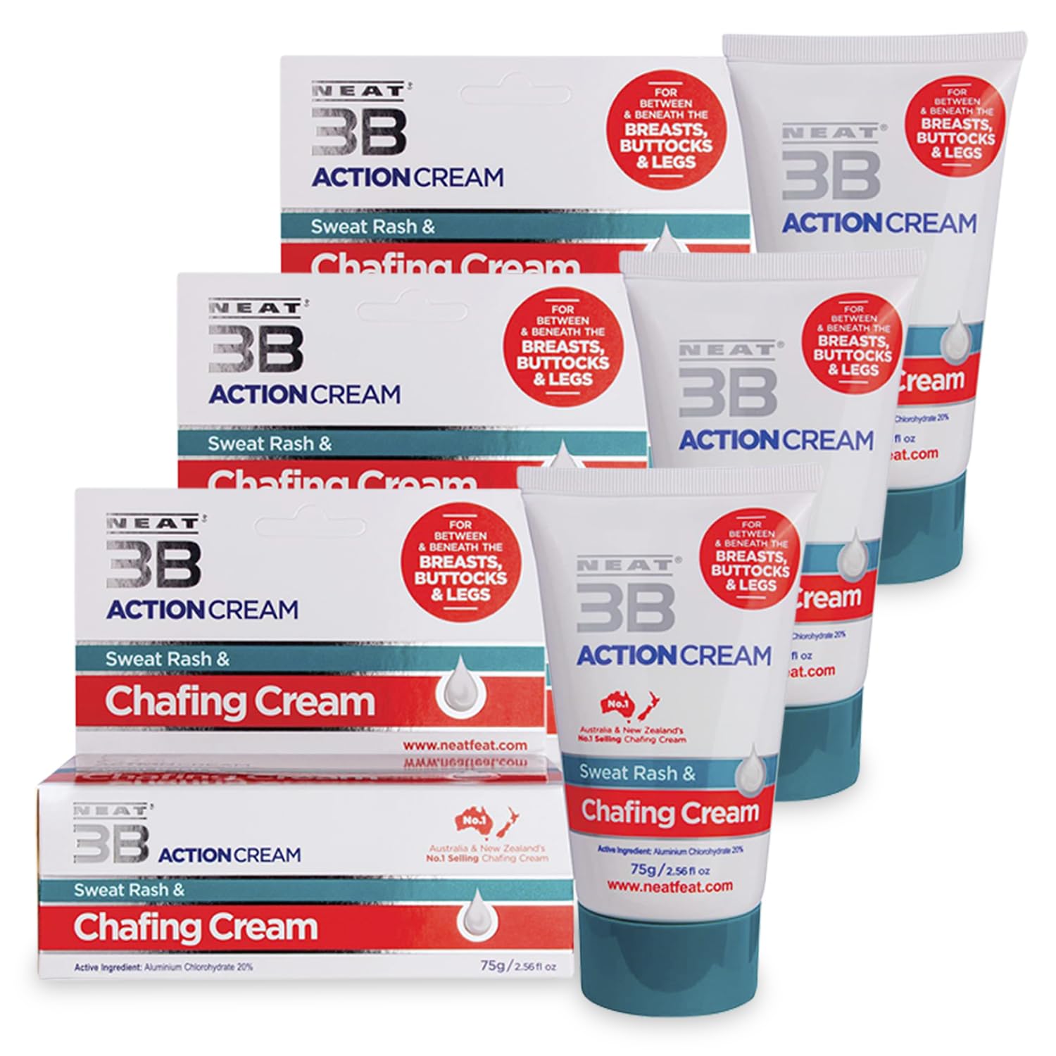 Sponsored Ad – Neat 3B Action Cream - Anti Chafe Balm & Antiperspirant for Chub Rub, Sweat Rash, Sweating - Unscented Anti Chafing Chamois Cream - 75 Grams, 3-Pack