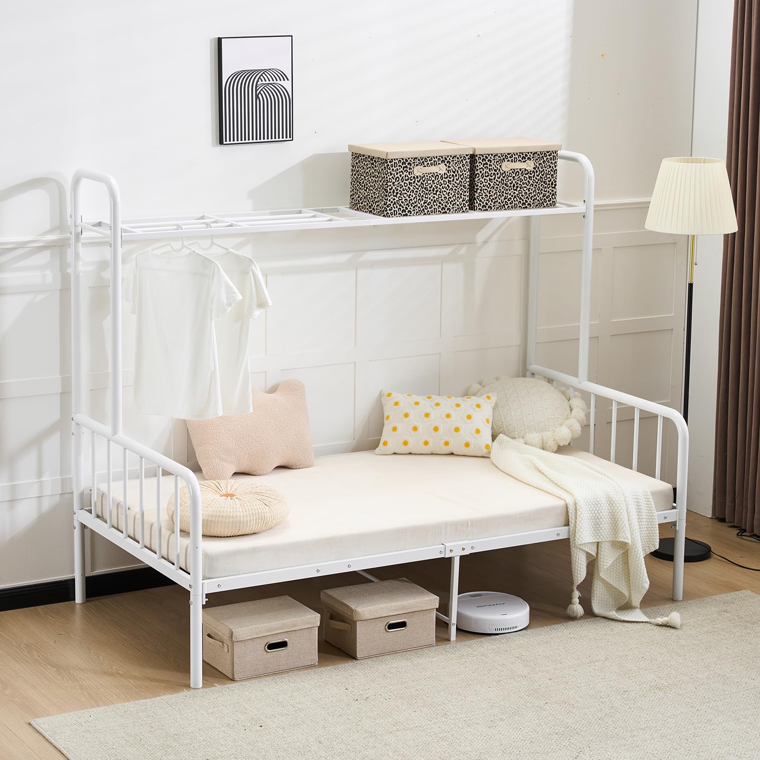 Amazon｜パイプベッド シングル 棚付き ロータイプ 上 収納棚 下収納